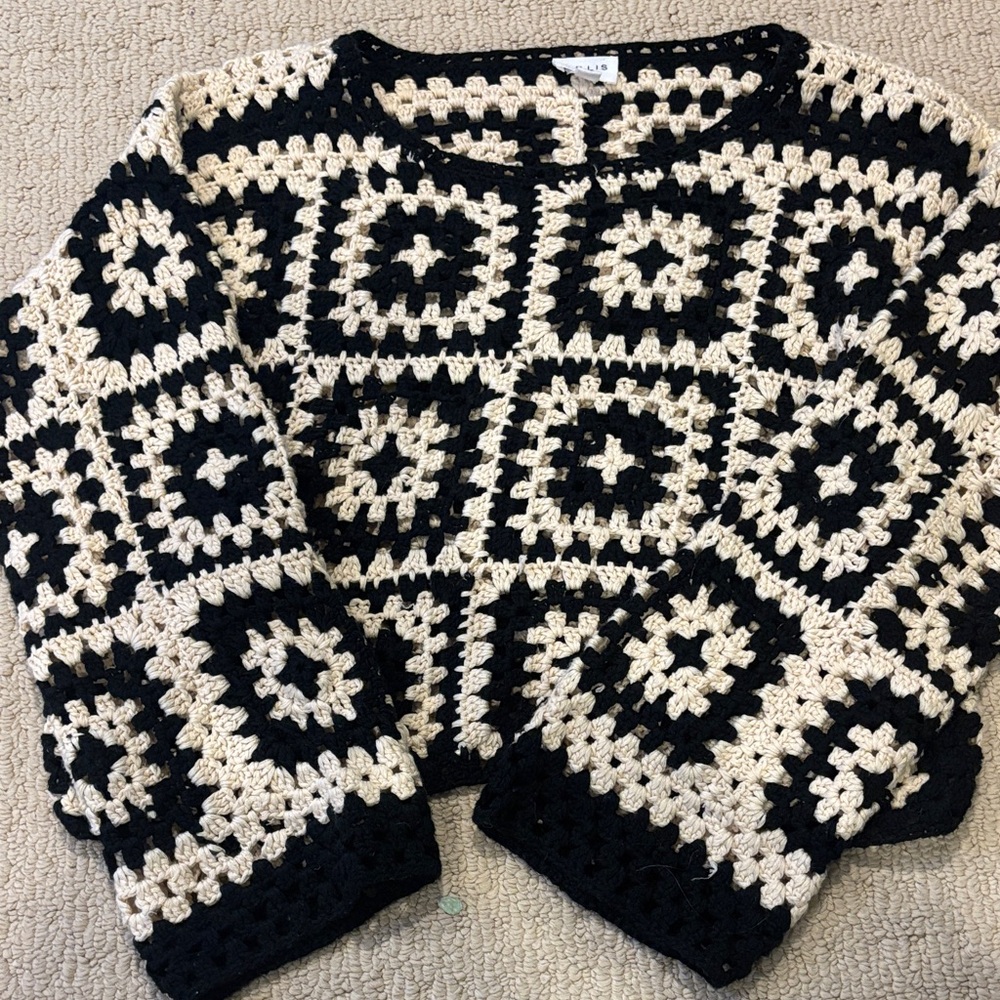 Le Lis Black and Cream Crochet Granny-Square Sweater